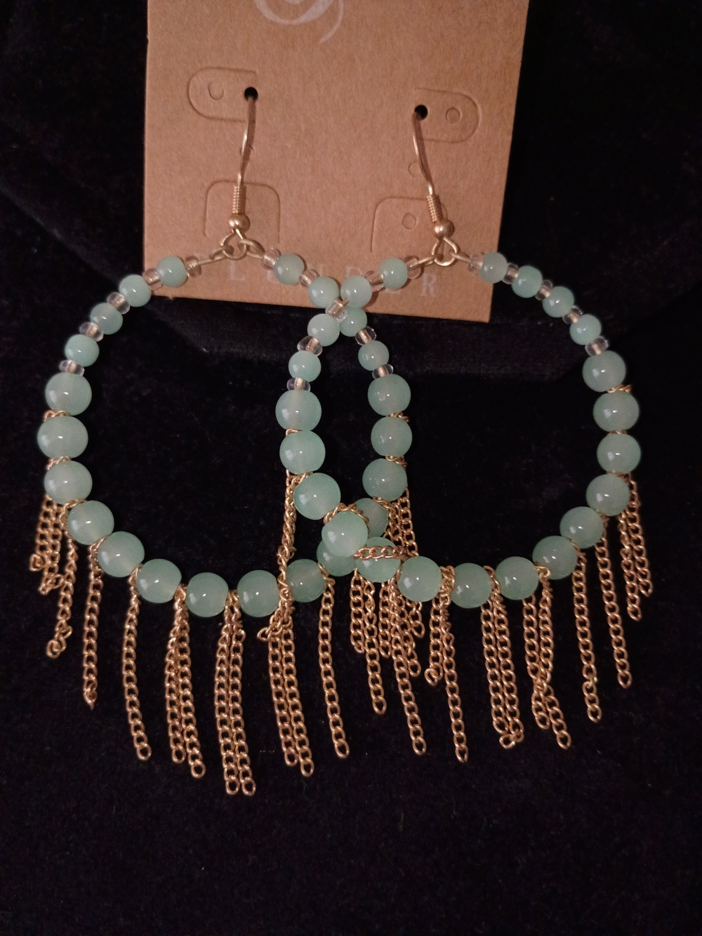 Gold Fringe Hoop Earrings with Mint Green Beads - Women Jewelry